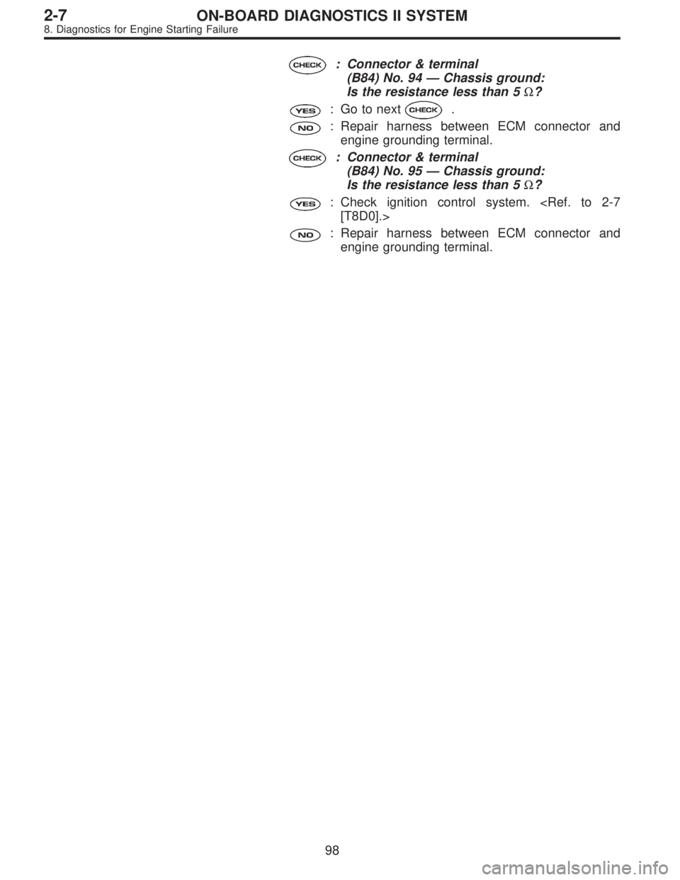 SUBARU LEGACY 1996  Service Repair Manual : Connector & terminal
(B84) No. 94—Chassis ground:
Is the resistance less than 5Ω?
: Go to next.
: Repair harness between ECM connector and
engine grounding terminal.
: Connector & terminal
(B84)