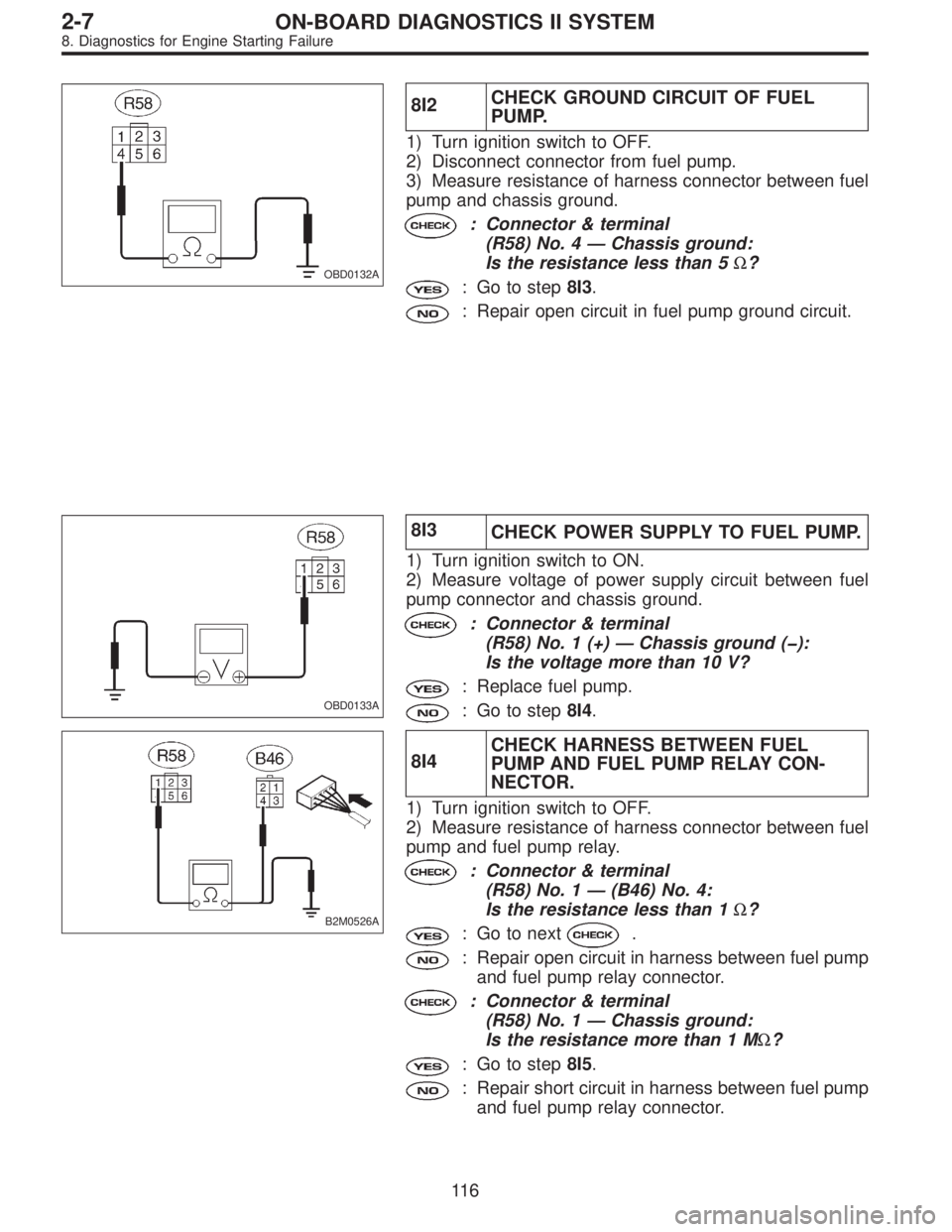 SUBARU LEGACY 1996  Service Repair Manual OBD0132A
8I2CHECK GROUND CIRCUIT OF FUEL
PUMP.
1) Turn ignition switch to OFF.
2) Disconnect connector from fuel pump.
3) Measure resistance of harness connector between fuel
pump and chassis ground.
