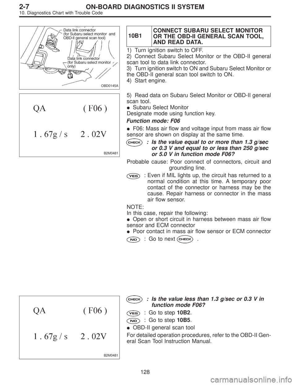 SUBARU LEGACY 1996  Service Repair Manual OBD0145A
10B1CONNECT SUBARU SELECT MONITOR
OR THE OBD-II GENERAL SCAN TOOL,
AND READ DATA.
1) Turn ignition switch to OFF.
2) Connect Subaru Select Monitor or the OBD-II general
scan tool to data link