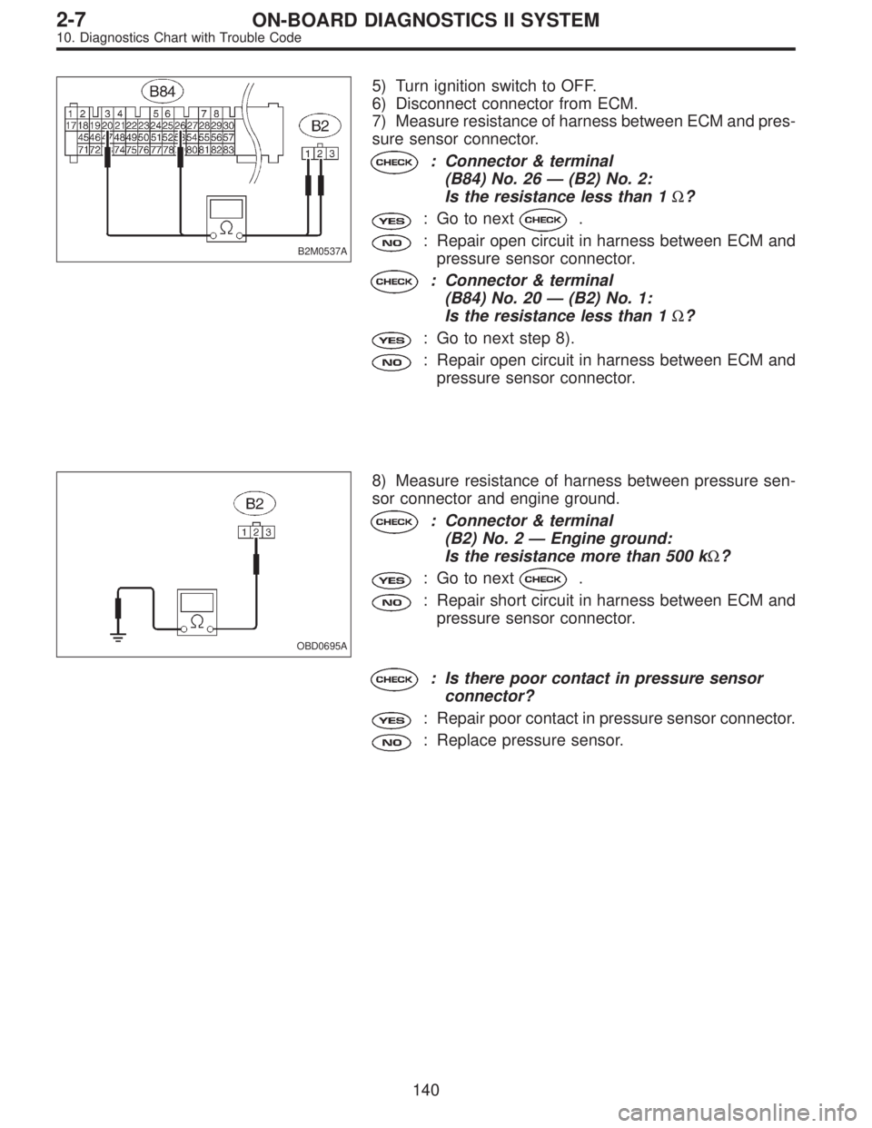 SUBARU LEGACY 1996 Service Repair Manual B2M0537A
5) Turn ignition switch to OFF.
6) Disconnect connector from ECM.
7) Measure resistance of harness between ECM and pres-
sure sensor connector.
: Connector & terminal
(B84) No. 26—(B2) No. SUBARU LEGACY 1996 Service Repair Manual B2M0537A
5) Turn ignition switch to OFF.
6) Disconnect connector from ECM.
7) Measure resistance of harness between ECM and pres-
sure sensor connector.
: Connector & terminal
(B84) No. 26—(B2) No.