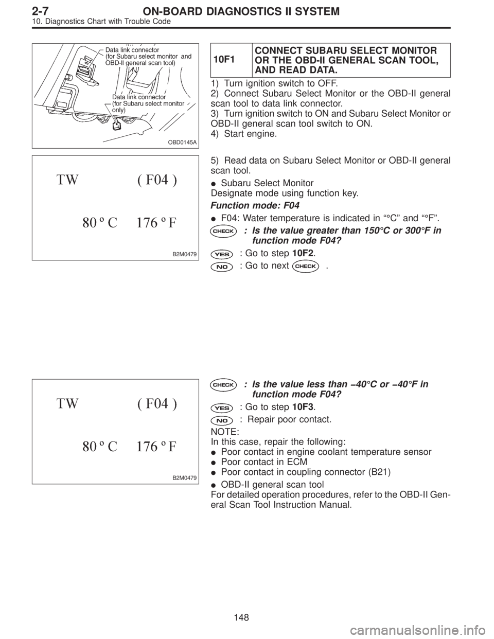 SUBARU LEGACY 1996 Service Repair Manual OBD0145A
10F1CONNECT SUBARU SELECT MONITOR
OR THE OBD-II GENERAL SCAN TOOL,
AND READ DATA.
1) Turn ignition switch to OFF.
2) Connect Subaru Select Monitor or the OBD-II general
scan tool to data link SUBARU LEGACY 1996 Service Repair Manual OBD0145A
10F1CONNECT SUBARU SELECT MONITOR
OR THE OBD-II GENERAL SCAN TOOL,
AND READ DATA.
1) Turn ignition switch to OFF.
2) Connect Subaru Select Monitor or the OBD-II general
scan tool to data link