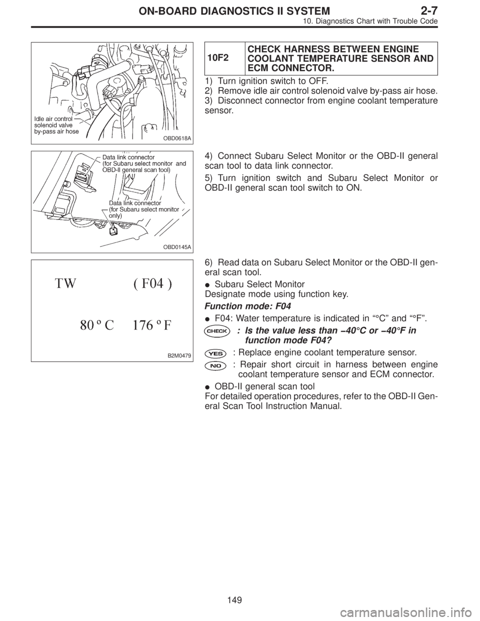 SUBARU LEGACY 1996 Service Repair Manual OBD0618A
10F2CHECK HARNESS BETWEEN ENGINE
COOLANT TEMPERATURE SENSOR AND
ECM CONNECTOR.
1) Turn ignition switch to OFF.
2) Remove idle air control solenoid valve by-pass air hose.
3) Disconnect connec SUBARU LEGACY 1996 Service Repair Manual OBD0618A
10F2CHECK HARNESS BETWEEN ENGINE
COOLANT TEMPERATURE SENSOR AND
ECM CONNECTOR.
1) Turn ignition switch to OFF.
2) Remove idle air control solenoid valve by-pass air hose.
3) Disconnect connec