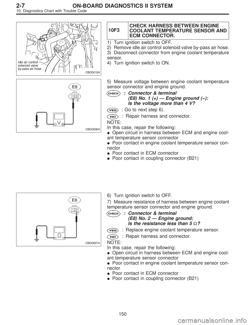 SUBARU LEGACY 1996 Service Repair Manual OBD0618A
10F3CHECK HARNESS BETWEEN ENGINE
COOLANT TEMPERATURE SENSOR AND
ECM CONNECTOR.
1) Turn ignition switch to OFF.
2) Remove idle air control solenoid valve by-pass air hose.
3) Disconnect connec SUBARU LEGACY 1996 Service Repair Manual OBD0618A
10F3CHECK HARNESS BETWEEN ENGINE
COOLANT TEMPERATURE SENSOR AND
ECM CONNECTOR.
1) Turn ignition switch to OFF.
2) Remove idle air control solenoid valve by-pass air hose.
3) Disconnect connec