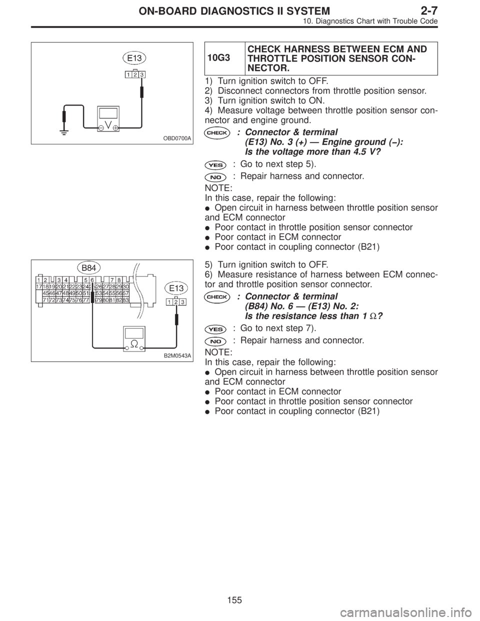 SUBARU LEGACY 1996 Service Repair Manual OBD0700A
10G3CHECK HARNESS BETWEEN ECM AND
THROTTLE POSITION SENSOR CON-
NECTOR.
1) Turn ignition switch to OFF.
2) Disconnect connectors from throttle position sensor.
3) Turn ignition switch to ON.
SUBARU LEGACY 1996 Service Repair Manual OBD0700A
10G3CHECK HARNESS BETWEEN ECM AND
THROTTLE POSITION SENSOR CON-
NECTOR.
1) Turn ignition switch to OFF.
2) Disconnect connectors from throttle position sensor.
3) Turn ignition switch to ON.