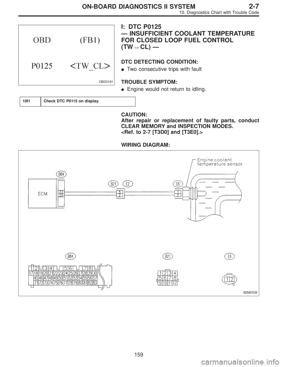 SUBARU LEGACY 1996  Service Repair Manual OBD0191
I: DTC P0125
—INSUFFICIENT COOLANT TEMPERATURE
FOR CLOSED LOOP FUEL CONTROL
(TW
—CL)—
DTC DETECTING CONDITION:
Two consecutive trips with fault
TROUBLE SYMPTOM:
Engine would not return