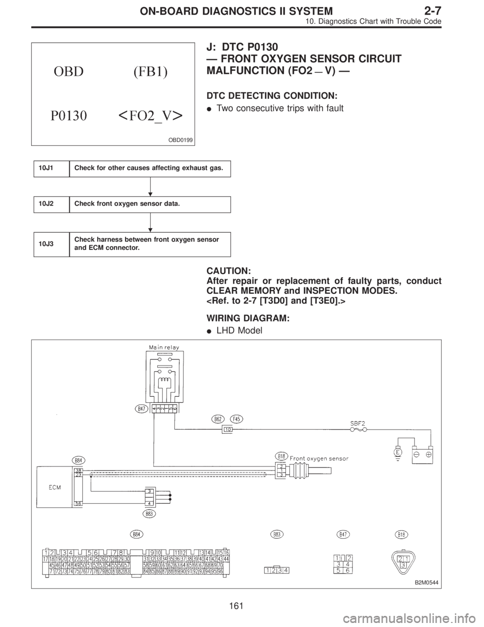 SUBARU LEGACY 1996  Service Repair Manual OBD0199
J: DTC P0130
—FRONT OXYGEN SENSOR CIRCUIT
MALFUNCTION (FO2
—V)—
DTC DETECTING CONDITION:
Two consecutive trips with fault
10J1Check for other causes affecting exhaust gas.
10J2Check fro
