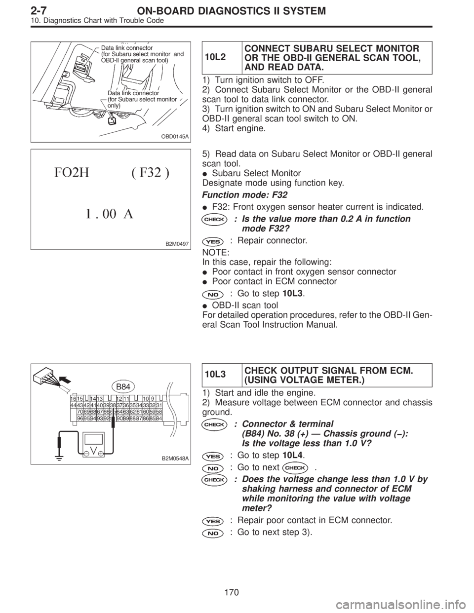 SUBARU LEGACY 1996  Service Repair Manual OBD0145A
10L2CONNECT SUBARU SELECT MONITOR
OR THE OBD-II GENERAL SCAN TOOL,
AND READ DATA.
1) Turn ignition switch to OFF.
2) Connect Subaru Select Monitor or the OBD-II general
scan tool to data link