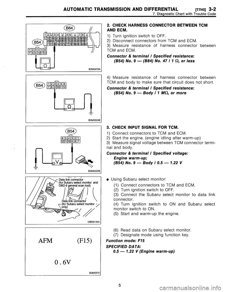 SUBARU LEGACY 1996  Service Repair Manual 
AUTOMATIC
TRANSMISSION
AND
DIFFERENTIAL
[T7H3]
3-2

7
.
Diagnostic
Chart
with
Trouble
Code

B54
123456
7
8
9
01112

D

L
.0
Q
0>

B3M02248

B54

161514
3
H87
1211
10
9

D

_E)VSj

83M0222B

Data
link