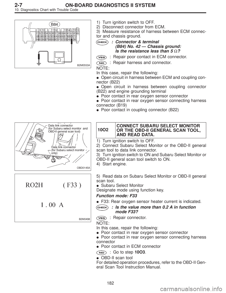 SUBARU LEGACY 1996 Service Repair Manual B2M0553A
1) Turn ignition switch to OFF.
2) Disconnect connector from ECM.
3) Measure resistance of harness between ECM connec-
tor and chassis ground.
: Connector & terminal
(B84) No. 42—Chassis gr SUBARU LEGACY 1996 Service Repair Manual B2M0553A
1) Turn ignition switch to OFF.
2) Disconnect connector from ECM.
3) Measure resistance of harness between ECM connec-
tor and chassis ground.
: Connector & terminal
(B84) No. 42—Chassis gr