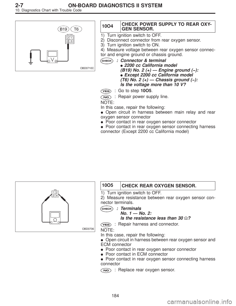 SUBARU LEGACY 1996 Service Repair Manual OBD0710C
10O4CHECK POWER SUPPLY TO REAR OXY-
GEN SENSOR.
1) Turn ignition switch to OFF.
2) Disconnect connector from rear oxygen sensor.
3) Turn ignition switch to ON.
4) Measure voltage between rear SUBARU LEGACY 1996 Service Repair Manual OBD0710C
10O4CHECK POWER SUPPLY TO REAR OXY-
GEN SENSOR.
1) Turn ignition switch to OFF.
2) Disconnect connector from rear oxygen sensor.
3) Turn ignition switch to ON.
4) Measure voltage between rear