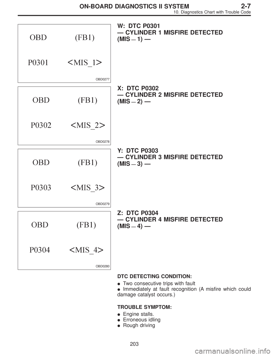 SUBARU LEGACY 1996  Service Repair Manual OBD0277
W: DTC P0301
—CYLINDER 1 MISFIRE DETECTED
(MIS
—1)—
OBD0278
X: DTC P0302
—CYLINDER 2 MISFIRE DETECTED
(MIS
—2)—
OBD0279
Y: DTC P0303
—CYLINDER 3 MISFIRE DETECTED
(MIS
—3)—
OB