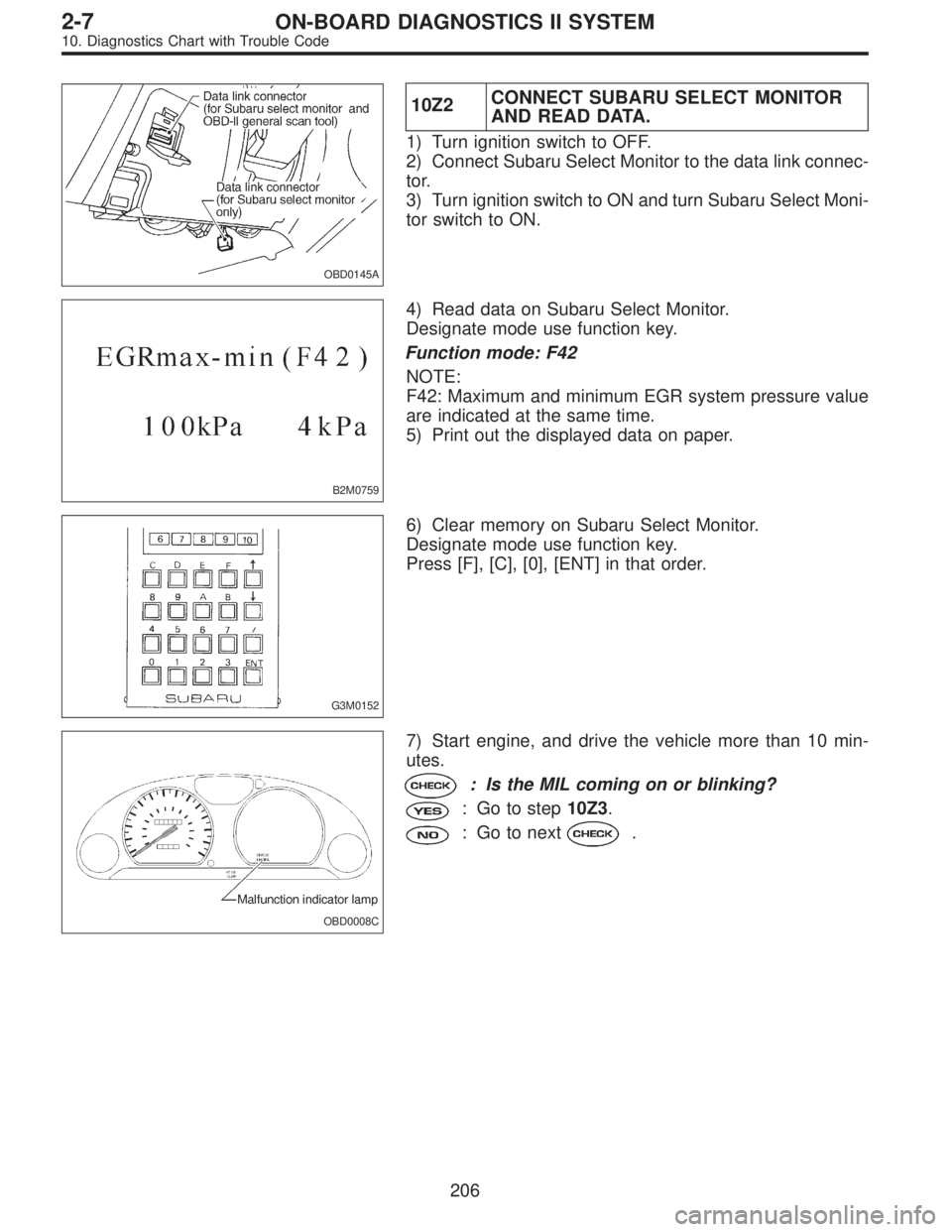 SUBARU LEGACY 1996  Service Repair Manual OBD0145A
10Z2CONNECT SUBARU SELECT MONITOR
AND READ DATA.
1) Turn ignition switch to OFF.
2) Connect Subaru Select Monitor to the data link connec-
tor.
3) Turn ignition switch to ON and turn Subaru S