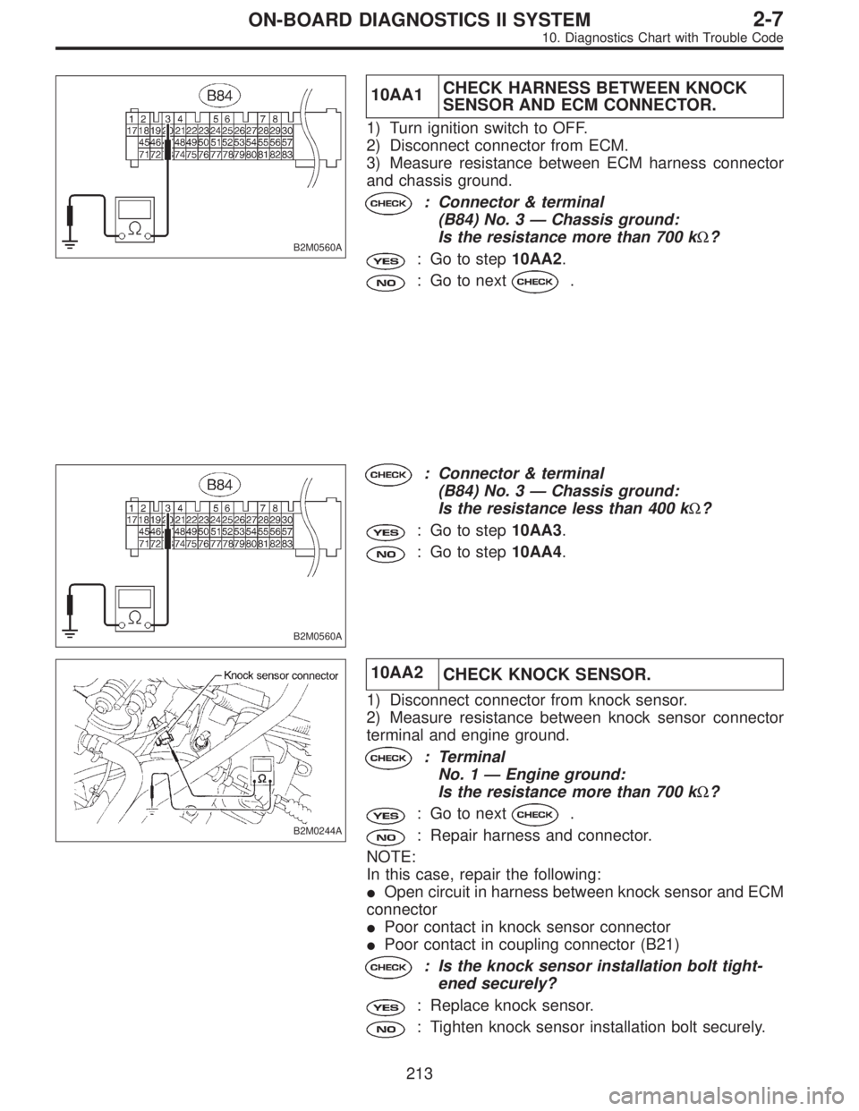 SUBARU LEGACY 1996 Service Repair Manual B2M0560A
10AA1CHECK HARNESS BETWEEN KNOCK
SENSOR AND ECM CONNECTOR.
1) Turn ignition switch to OFF.
2) Disconnect connector from ECM.
3) Measure resistance between ECM harness connector
and chassis gr SUBARU LEGACY 1996 Service Repair Manual B2M0560A
10AA1CHECK HARNESS BETWEEN KNOCK
SENSOR AND ECM CONNECTOR.
1) Turn ignition switch to OFF.
2) Disconnect connector from ECM.
3) Measure resistance between ECM harness connector
and chassis gr