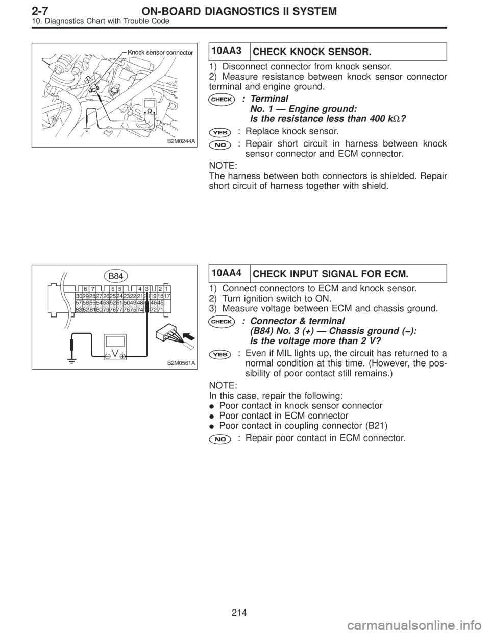 SUBARU LEGACY 1996 Service Repair Manual B2M0244A
10AA3
CHECK KNOCK SENSOR.
1) Disconnect connector from knock sensor.
2) Measure resistance between knock sensor connector
terminal and engine ground.
: Terminal
No. 1—Engine ground:
Is the SUBARU LEGACY 1996 Service Repair Manual B2M0244A
10AA3
CHECK KNOCK SENSOR.
1) Disconnect connector from knock sensor.
2) Measure resistance between knock sensor connector
terminal and engine ground.
: Terminal
No. 1—Engine ground:
Is the