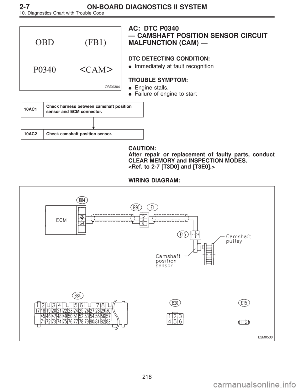 SUBARU LEGACY 1996  Service Repair Manual OBD0304
AC: DTC P0340
—CAMSHAFT POSITION SENSOR CIRCUIT
MALFUNCTION (CAM)—
DTC DETECTING CONDITION:
Immediately at fault recognition
TROUBLE SYMPTOM:
Engine stalls.
Failure of engine to start
1