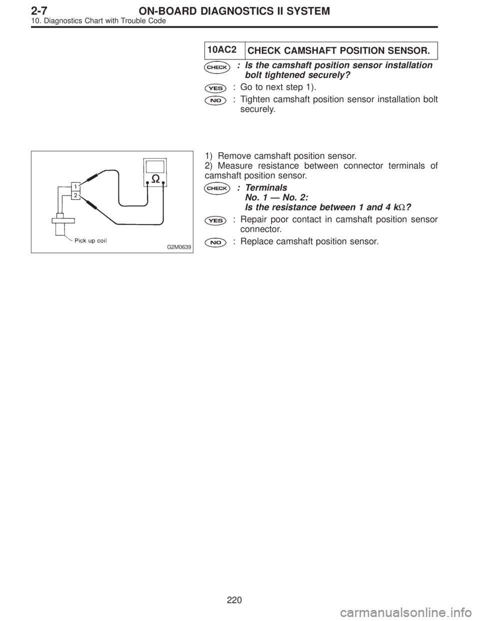 SUBARU LEGACY 1996  Service Repair Manual 10AC2
CHECK CAMSHAFT POSITION SENSOR.
: Is the camshaft position sensor installation
bolt tightened securely?
: Go to next step 1).
: Tighten camshaft position sensor installation bolt
securely.
G2M06
