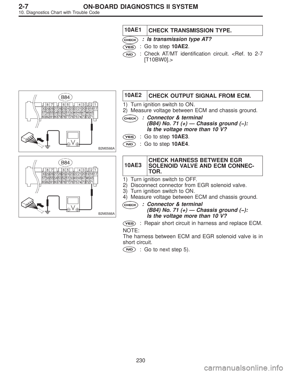 SUBARU LEGACY 1996  Service Repair Manual 10AE1
CHECK TRANSMISSION TYPE.
: Is transmission type AT?
: Go to step10AE2.
: Check AT/MT identification circuit. <Ref. to 2-7
[T10BW0].>
B2M0566A
10AE2
CHECK OUTPUT SIGNAL FROM ECM.
1) Turn ignition