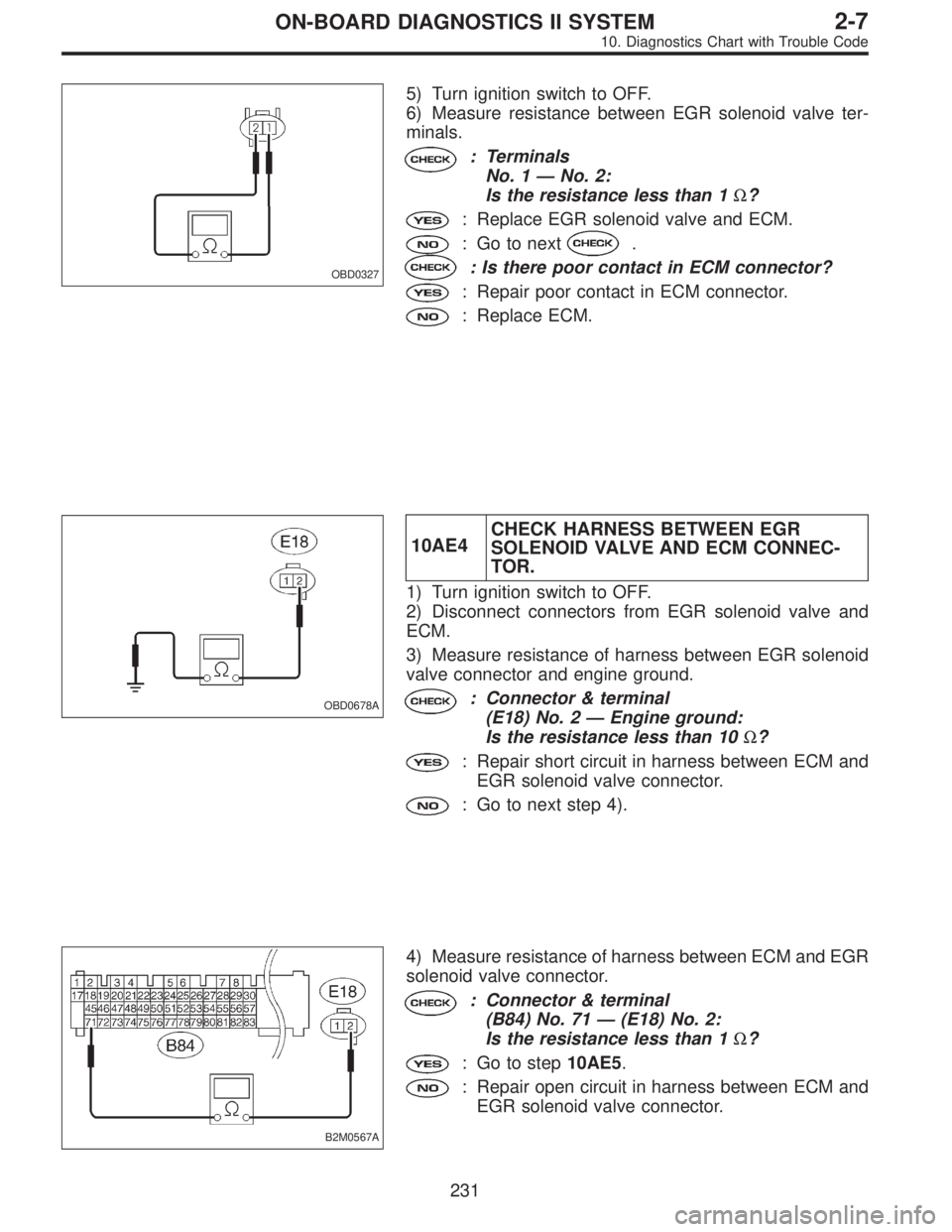 SUBARU LEGACY 1996 Service Repair Manual OBD0327
5) Turn ignition switch to OFF.
6) Measure resistance between EGR solenoid valve ter-
minals.
: Terminals
No. 1—No. 2:
Is the resistance less than 1Ω?
: Replace EGR solenoid valve and ECM. SUBARU LEGACY 1996 Service Repair Manual OBD0327
5) Turn ignition switch to OFF.
6) Measure resistance between EGR solenoid valve ter-
minals.
: Terminals
No. 1—No. 2:
Is the resistance less than 1Ω?
: Replace EGR solenoid valve and ECM.