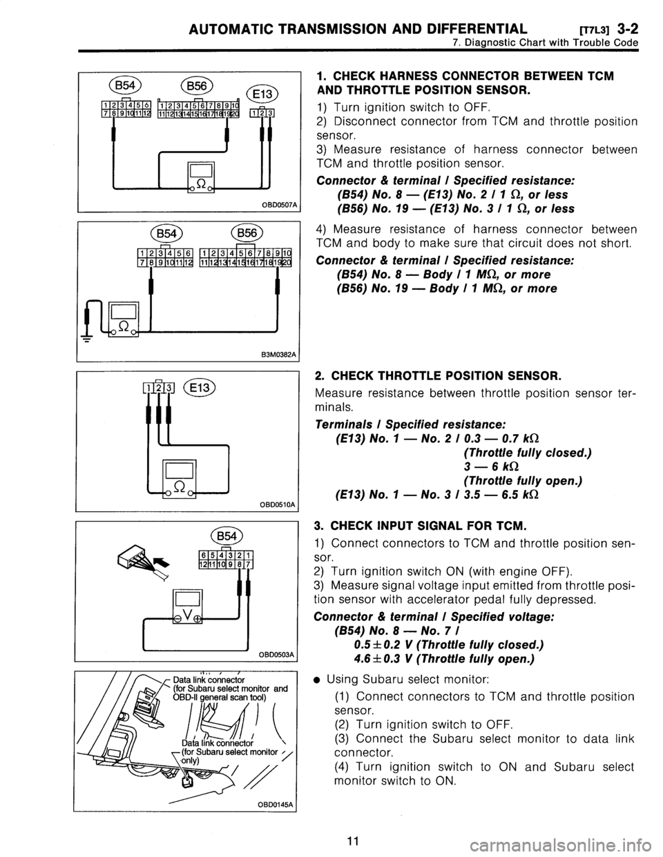 SUBARU LEGACY 1996  Service Repair Manual 
AUTOMATIC
TRANSMISSION
AND
DIFFERENTIAL
[T7L3]
3-2

7
.
Diagnostic
Chart
with
Trouble
Code

t
23
E13

D

OBD0510A
I

B54

6
54
32
1
2
1
09
87

D

-V+

OBD0503A

Data
link
connector
(for
Subaru
select