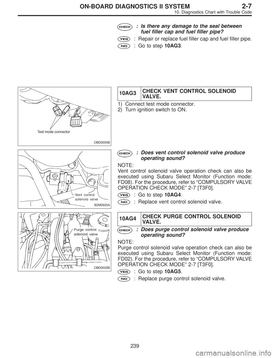 SUBARU LEGACY 1996 Service Repair Manual : Is there any damage to the seal between
fuel filler cap and fuel filler pipe?
: Repair or replace fuel filler cap and fuel filler pipe.
: Go to step10AG3.
OBD0005B
10AG3CHECK VENT CONTROL SOLENOID
V SUBARU LEGACY 1996 Service Repair Manual : Is there any damage to the seal between
fuel filler cap and fuel filler pipe?
: Repair or replace fuel filler cap and fuel filler pipe.
: Go to step10AG3.
OBD0005B
10AG3CHECK VENT CONTROL SOLENOID
V
