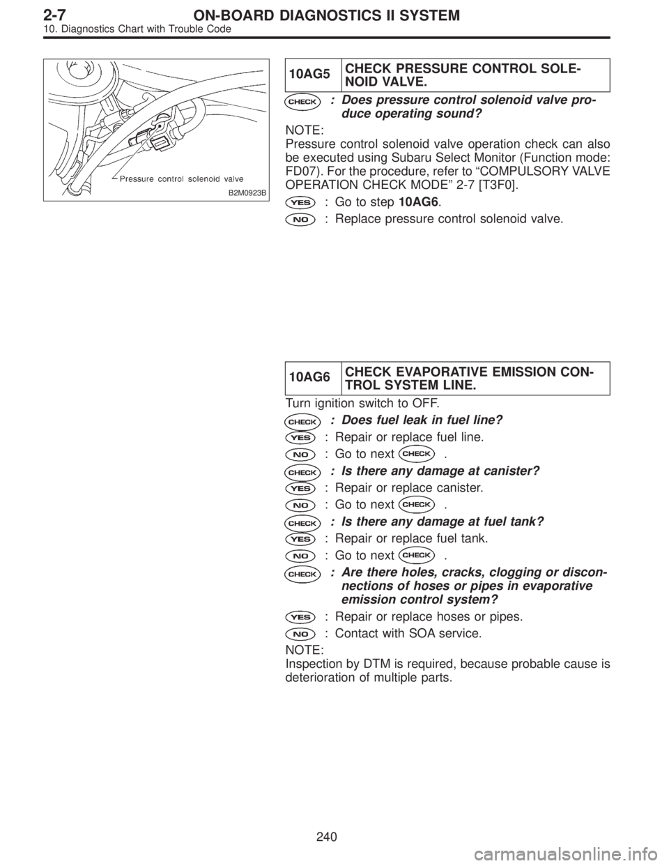 SUBARU LEGACY 1996 Service Repair Manual B2M0923B
10AG5CHECK PRESSURE CONTROL SOLE-
NOID VALVE.
: Does pressure control solenoid valve pro-
duce operating sound?
NOTE:
Pressure control solenoid valve operation check can also
be executed usin SUBARU LEGACY 1996 Service Repair Manual B2M0923B
10AG5CHECK PRESSURE CONTROL SOLE-
NOID VALVE.
: Does pressure control solenoid valve pro-
duce operating sound?
NOTE:
Pressure control solenoid valve operation check can also
be executed usin