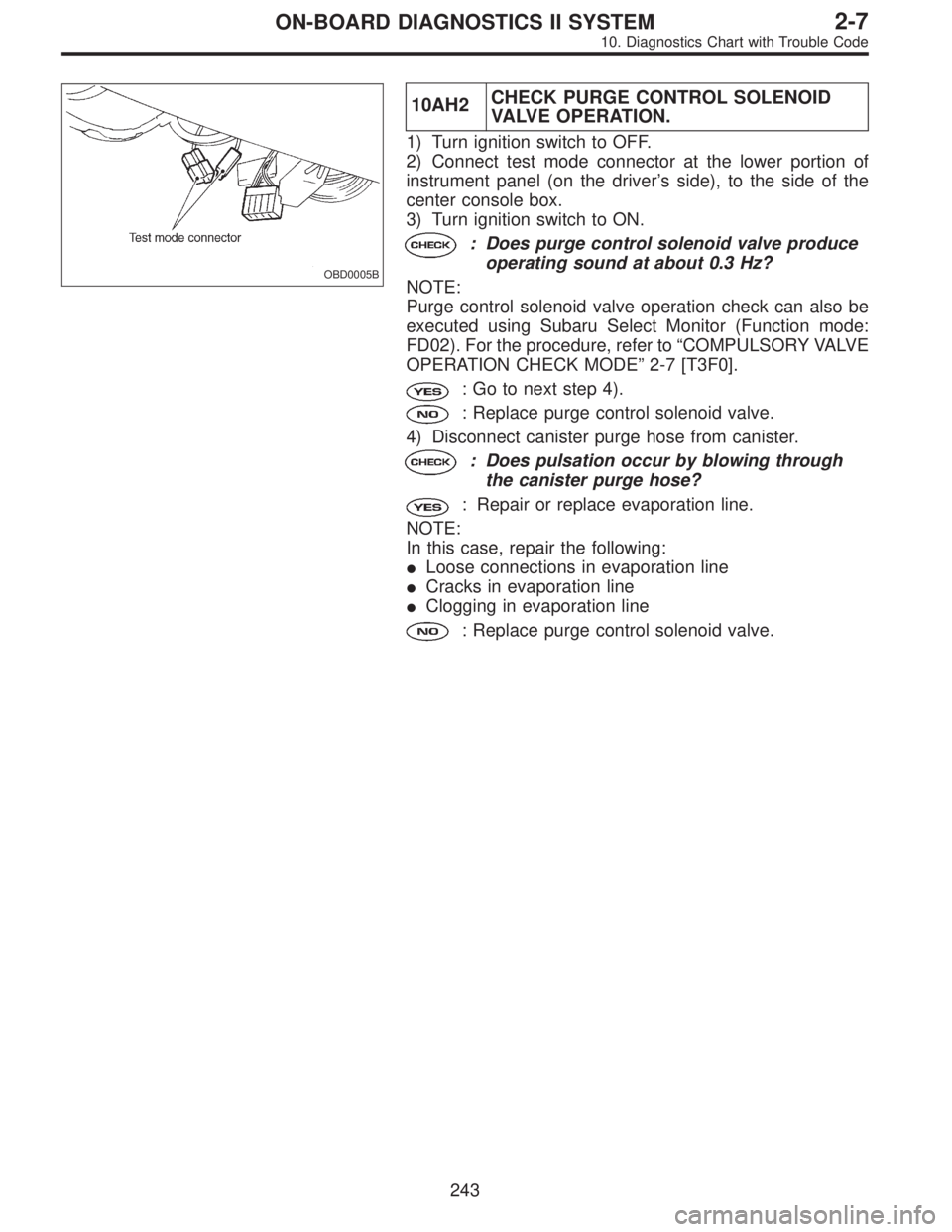 SUBARU LEGACY 1996 Service Repair Manual OBD0005B
10AH2CHECK PURGE CONTROL SOLENOID
VALVE OPERATION.
1) Turn ignition switch to OFF.
2) Connect test mode connector at the lower portion of
instrument panel (on the driver’s side), to the sid SUBARU LEGACY 1996 Service Repair Manual OBD0005B
10AH2CHECK PURGE CONTROL SOLENOID
VALVE OPERATION.
1) Turn ignition switch to OFF.
2) Connect test mode connector at the lower portion of
instrument panel (on the driver’s side), to the sid