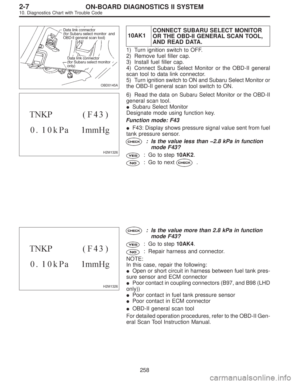 SUBARU LEGACY 1996  Service Repair Manual OBD0145A
10AK1CONNECT SUBARU SELECT MONITOR
OR THE OBD-II GENERAL SCAN TOOL,
AND READ DATA.
1) Turn ignition switch to OFF.
2) Remove fuel filler cap.
3) Install fuel filler cap.
4) Connect Subaru Sel