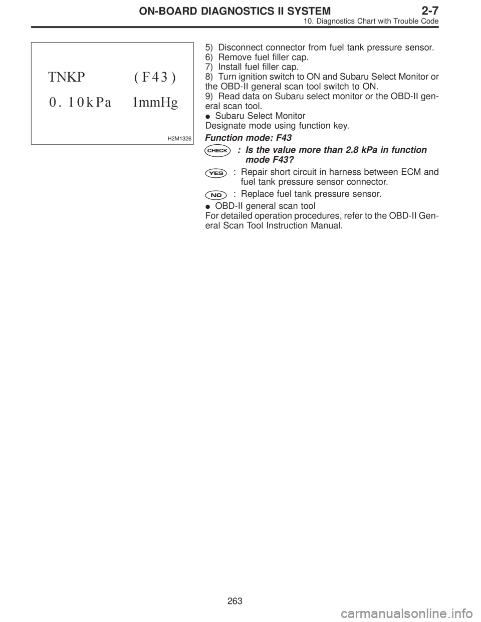 SUBARU LEGACY 1996  Service Repair Manual H2M1326
5) Disconnect connector from fuel tank pressure sensor.
6) Remove fuel filler cap.
7) Install fuel filler cap.
8) Turn ignition switch to ON and Subaru Select Monitor or
the OBD-II general sca