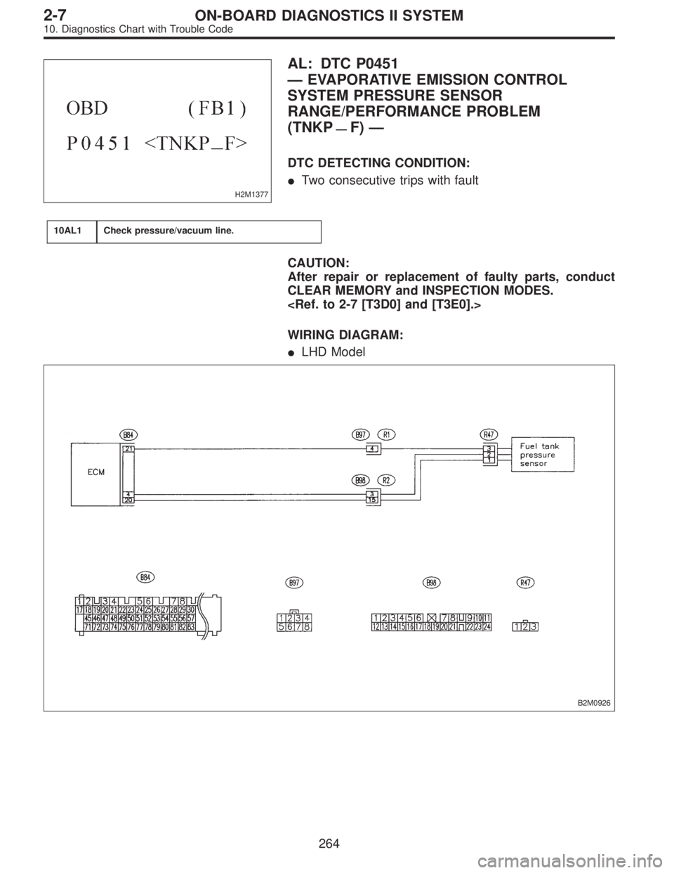 SUBARU LEGACY 1996  Service Repair Manual H2M1377
AL: DTC P0451
—EVAPORATIVE EMISSION CONTROL
SYSTEM PRESSURE SENSOR
RANGE/PERFORMANCE PROBLEM
(TNKP
—F)—
DTC DETECTING CONDITION:
Two consecutive trips with fault
10AL1Check pressure/vac