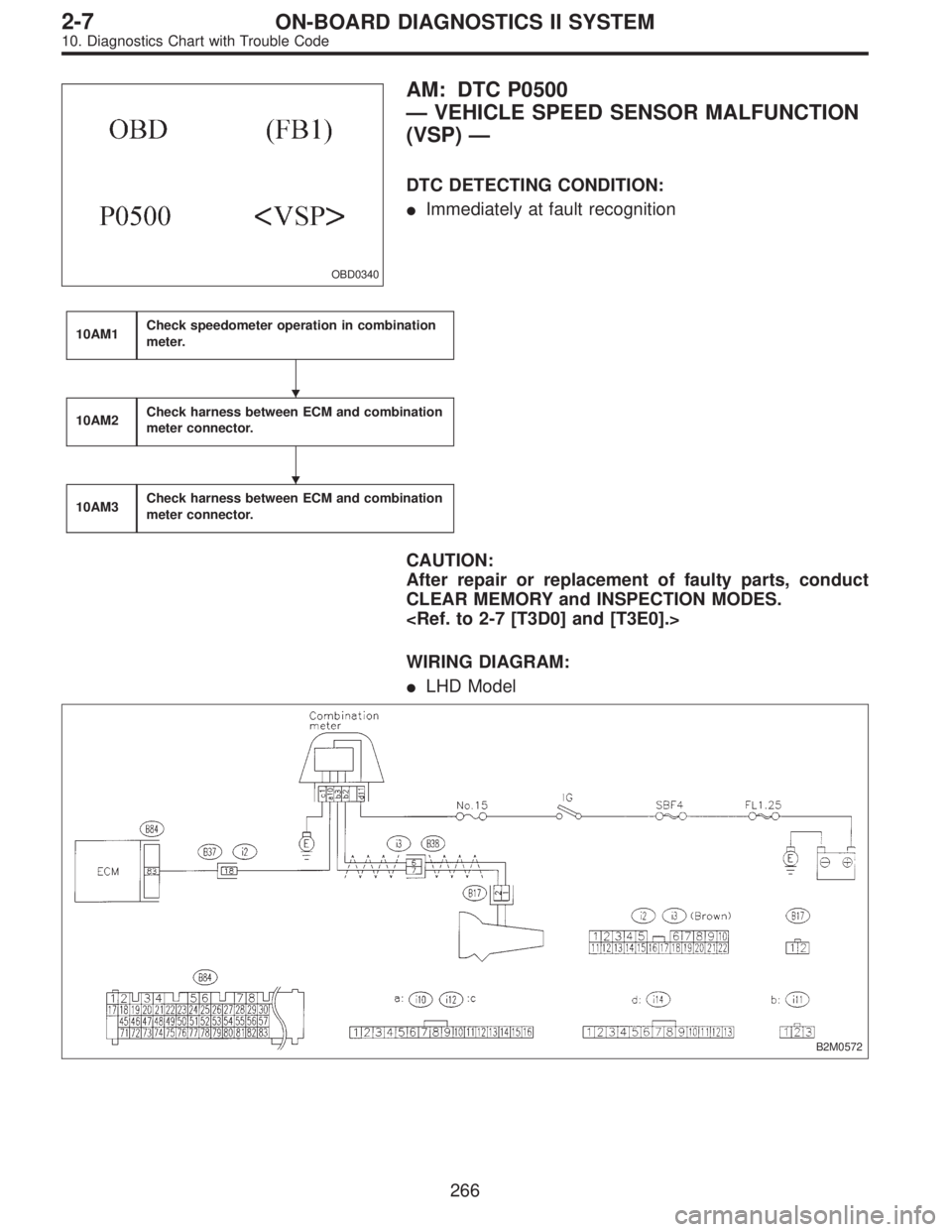 SUBARU LEGACY 1996  Service Repair Manual OBD0340
AM: DTC P0500
—VEHICLE SPEED SENSOR MALFUNCTION
(VSP)—
DTC DETECTING CONDITION:
Immediately at fault recognition
10AM1Check speedometer operation in combination
meter.
10AM2Check harness 