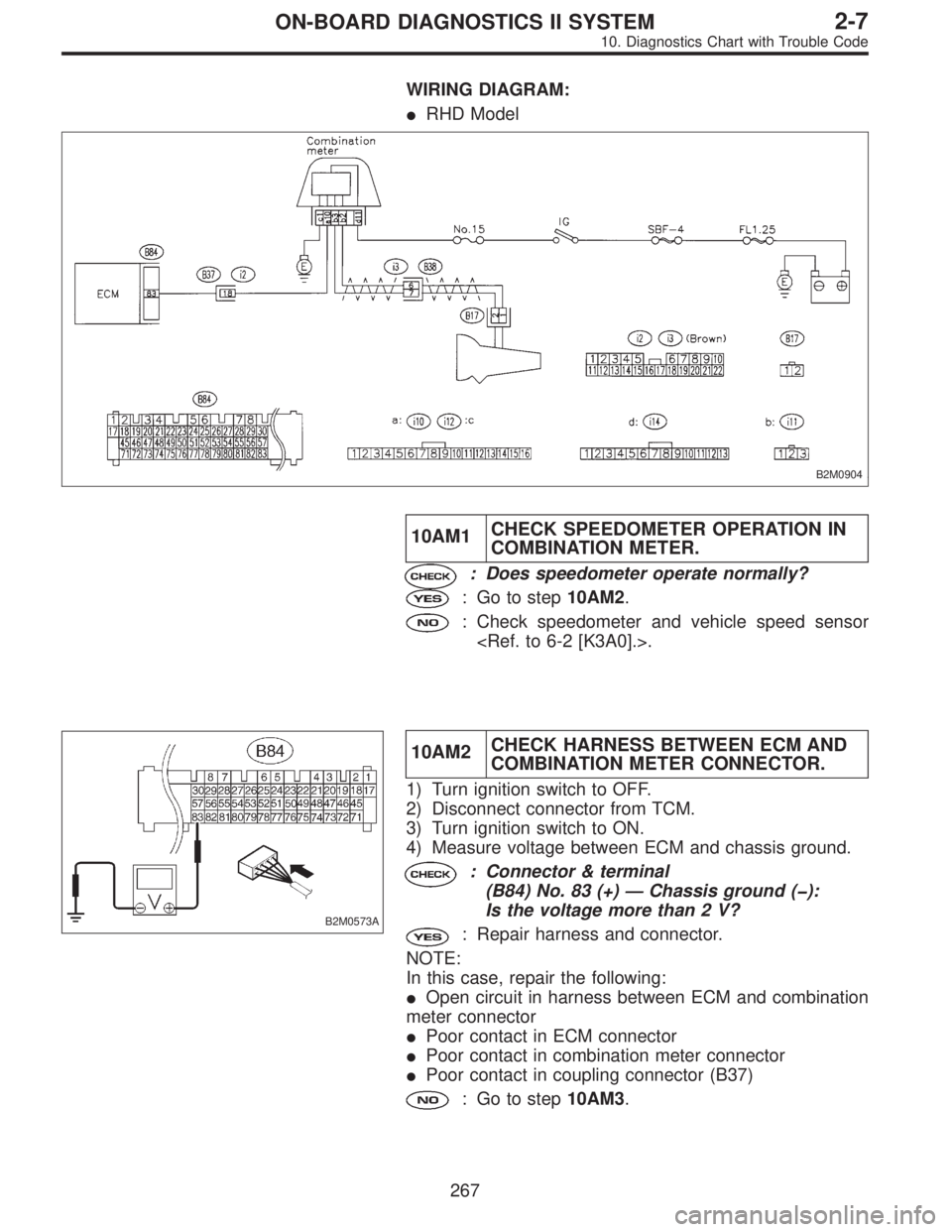 SUBARU LEGACY 1996  Service Repair Manual WIRING DIAGRAM:
RHD Model
B2M0904
10AM1CHECK SPEEDOMETER OPERATION IN
COMBINATION METER.
: Does speedometer operate normally?
: Go to step10AM2.
: Check speedometer and vehicle speed sensor
<Ref. to 