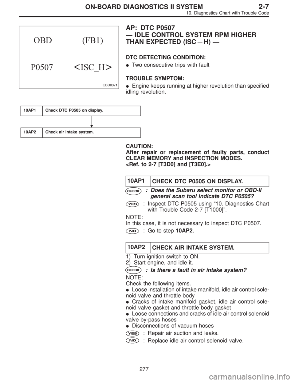 SUBARU LEGACY 1996  Service Repair Manual OBD0371
AP: DTC P0507
—IDLE CONTROL SYSTEM RPM HIGHER
THAN EXPECTED (ISC
—H)—
DTC DETECTING CONDITION:
Two consecutive trips with fault
TROUBLE SYMPTOM:
Engine keeps running at higher revoluti