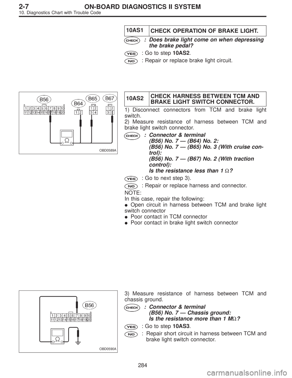 SUBARU LEGACY 1996 Service Repair Manual 10AS1
CHECK OPERATION OF BRAKE LIGHT.
: Does brake light come on when depressing
the brake pedal?
: Go to step10AS2.
: Repair or replace brake light circuit.
OBD0589A
10AS2CHECK HARNESS BETWEEN TCM AN SUBARU LEGACY 1996 Service Repair Manual 10AS1
CHECK OPERATION OF BRAKE LIGHT.
: Does brake light come on when depressing
the brake pedal?
: Go to step10AS2.
: Repair or replace brake light circuit.
OBD0589A
10AS2CHECK HARNESS BETWEEN TCM AN