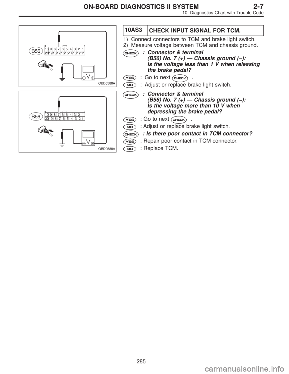 SUBARU LEGACY 1996  Service Repair Manual OBD0588A
10AS3
CHECK INPUT SIGNAL FOR TCM.
1) Connect connectors to TCM and brake light switch.
2) Measure voltage between TCM and chassis ground.
: Connector & terminal
(B56) No. 7 (+)—Chassis grou