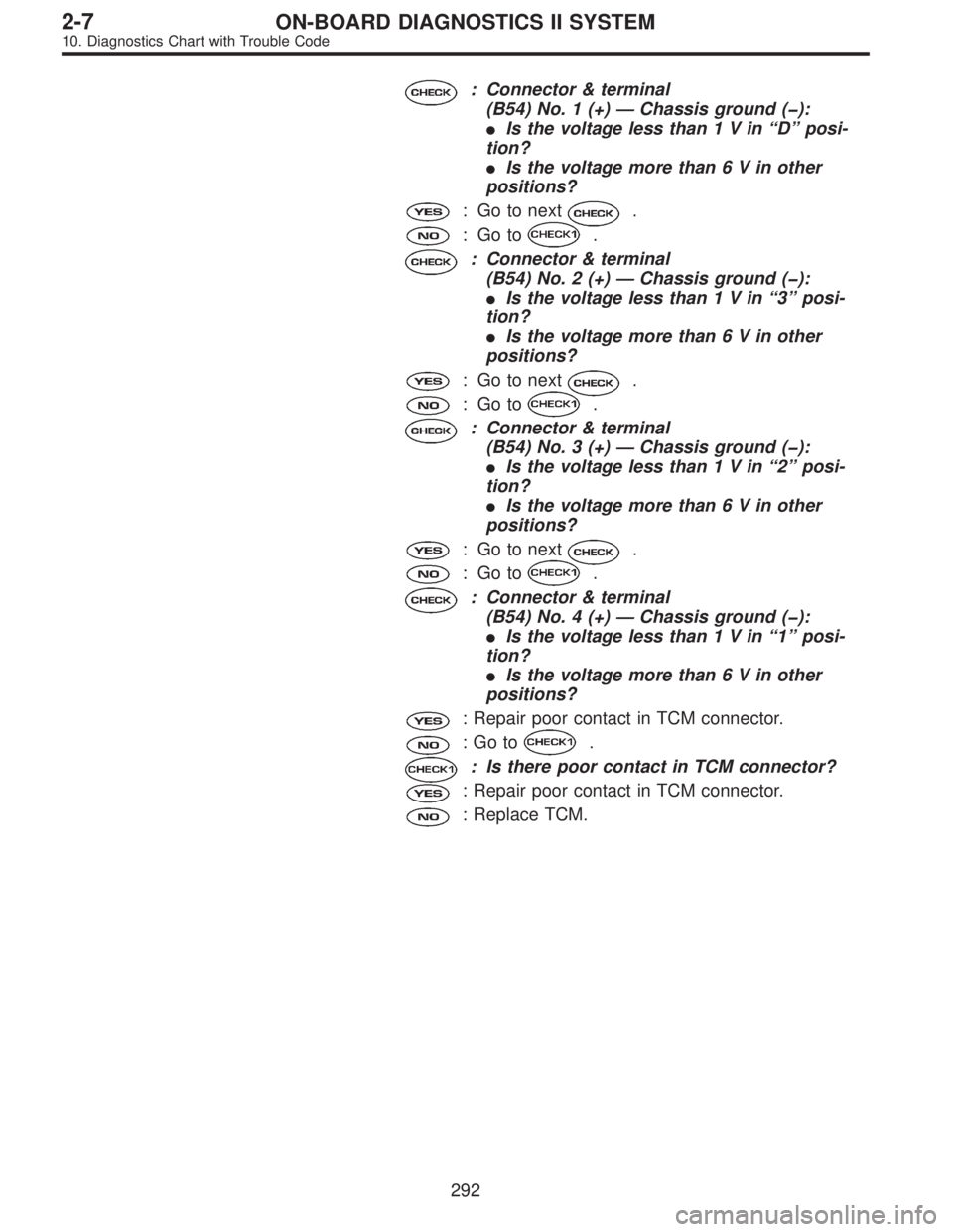SUBARU LEGACY 1996  Service Repair Manual : Connector & terminal
(B54) No. 1 (+)—Chassis ground (�):
Is the voltage less than1Vin“D”posi-
tion?
Is the voltage more than6Vinother
positions?
: Go to next.
:Goto.
: Connector & terminal
(