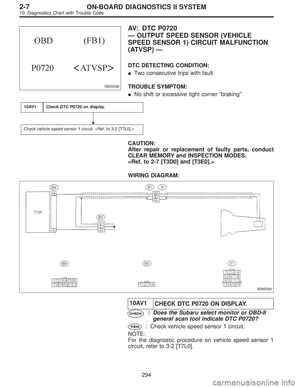 SUBARU LEGACY 1996  Service Repair Manual OBD0392
AV: DTC P0720
—OUTPUT SPEED SENSOR (VEHICLE
SPEED SENSOR 1) CIRCUIT MALFUNCTION
(ATVSP)—
DTC DETECTING CONDITION:
Two consecutive trips with fault
TROUBLE SYMPTOM:
No shift or excessive 