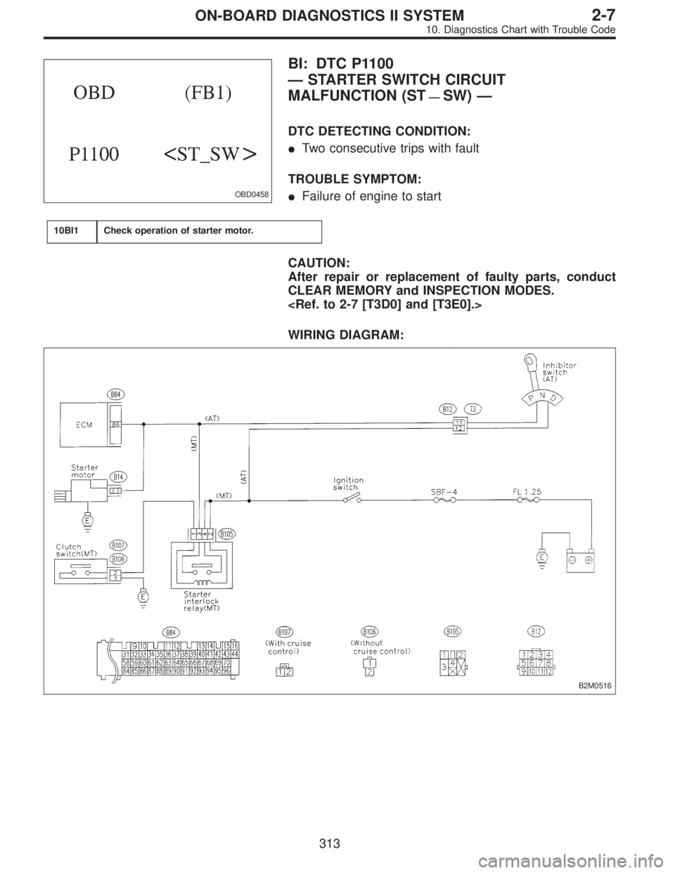 SUBARU LEGACY 1996  Service Repair Manual OBD0458
BI: DTC P1100
—STARTER SWITCH CIRCUIT
MALFUNCTION (ST
—SW)—
DTC DETECTING CONDITION:
Two consecutive trips with fault
TROUBLE SYMPTOM:
Failure of engine to start
10BI1Check operation o