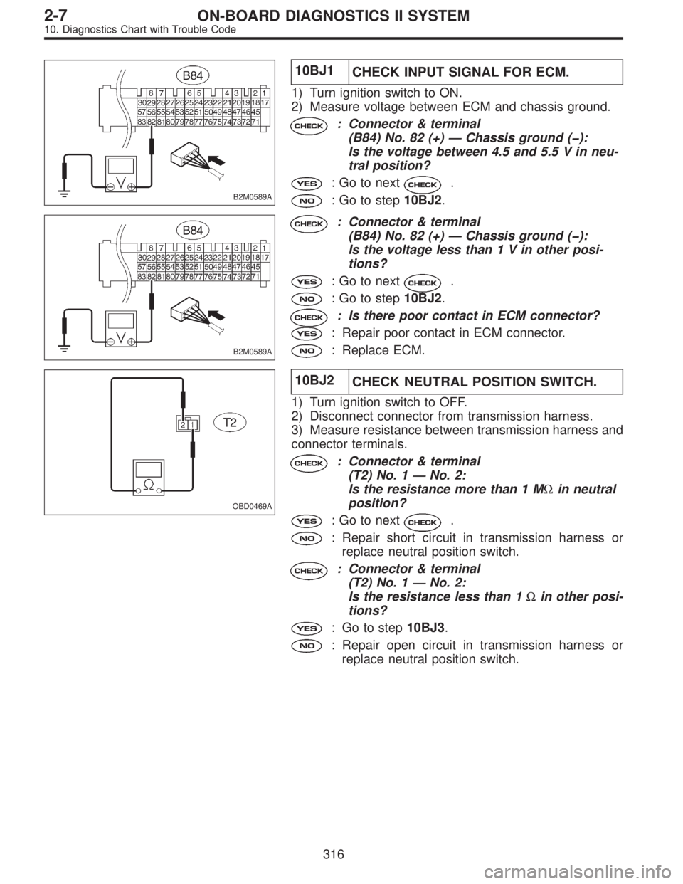 SUBARU LEGACY 1996  Service Repair Manual B2M0589A
10BJ1
CHECK INPUT SIGNAL FOR ECM.
1) Turn ignition switch to ON.
2) Measure voltage between ECM and chassis ground.
: Connector & terminal
(B84) No. 82 (+)—Chassis ground (�):
Is the voltag
