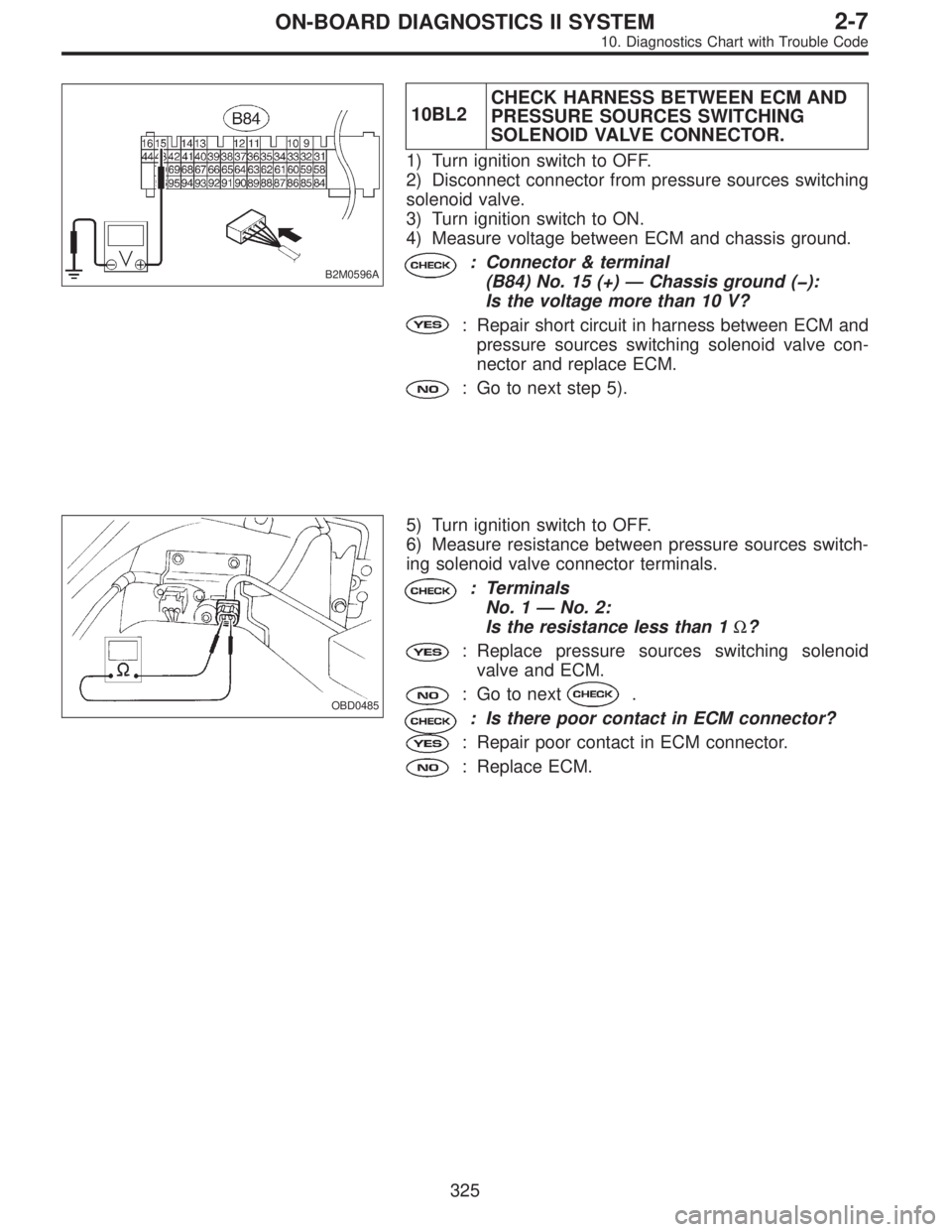 SUBARU LEGACY 1996  Service Repair Manual B2M0596A
10BL2CHECK HARNESS BETWEEN ECM AND
PRESSURE SOURCES SWITCHING
SOLENOID VALVE CONNECTOR.
1) Turn ignition switch to OFF.
2) Disconnect connector from pressure sources switching
solenoid valve.
