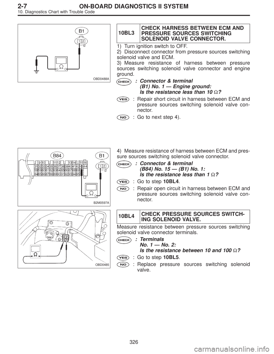 SUBARU LEGACY 1996  Service Repair Manual OBD0488A
10BL3CHECK HARNESS BETWEEN ECM AND
PRESSURE SOURCES SWITCHING
SOLENOID VALVE CONNECTOR.
1) Turn ignition switch to OFF.
2) Disconnect connector from pressure sources switching
solenoid valve 