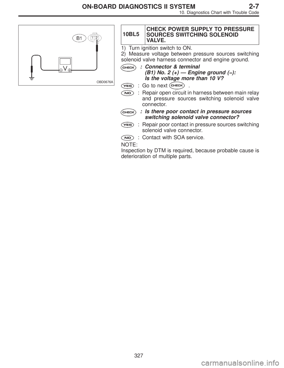 SUBARU LEGACY 1996  Service Repair Manual OBD0676A
10BL5CHECK POWER SUPPLY TO PRESSURE
SOURCES SWITCHING SOLENOID
VA LV E .
1) Turn ignition switch to ON.
2) Measure voltage between pressure sources switching
solenoid valve harness connector 