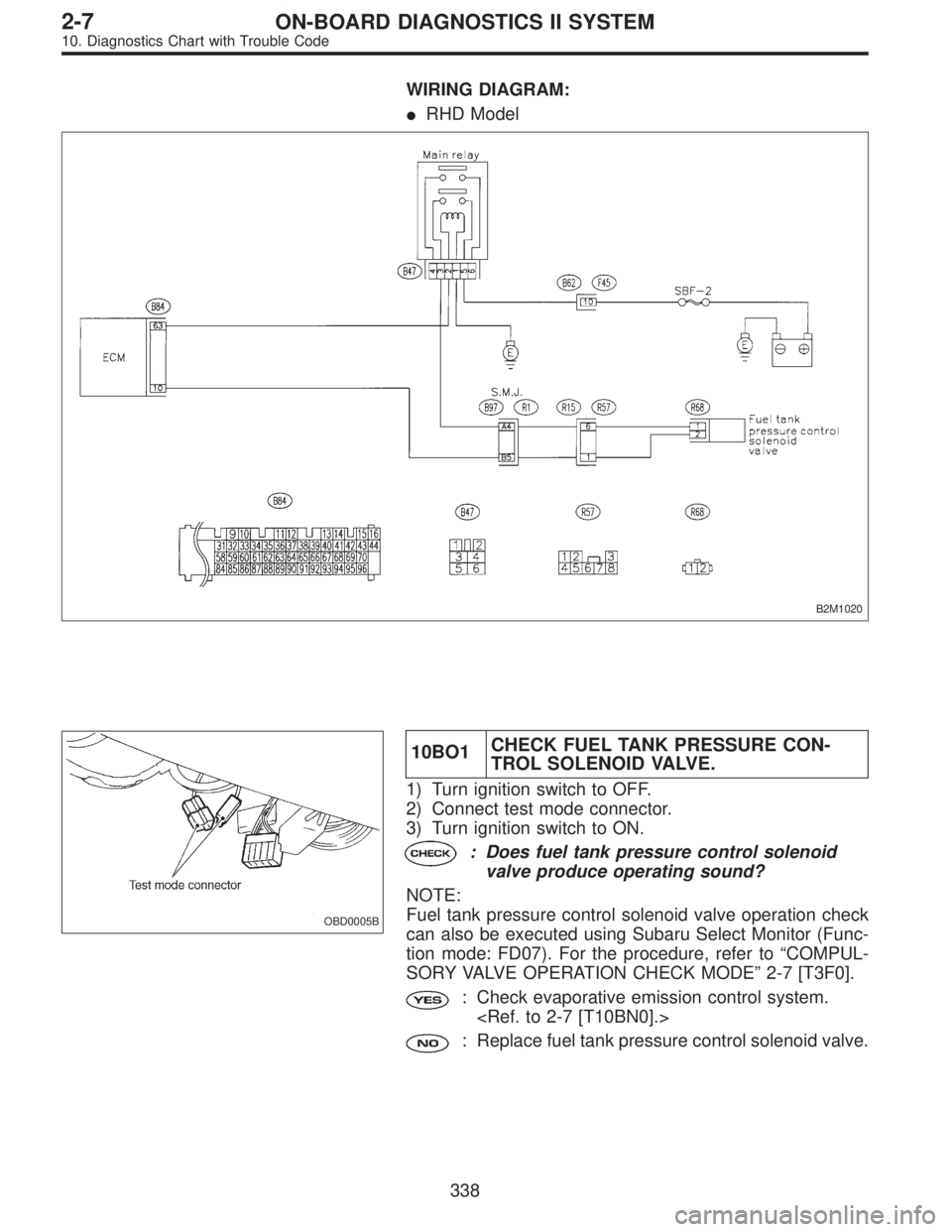 SUBARU LEGACY 1996  Service Repair Manual WIRING DIAGRAM:
RHD Model
B2M1020
OBD0005B
10BO1CHECK FUEL TANK PRESSURE CON-
TROL SOLENOID VALVE.
1) Turn ignition switch to OFF.
2) Connect test mode connector.
3) Turn ignition switch to ON.
: Doe