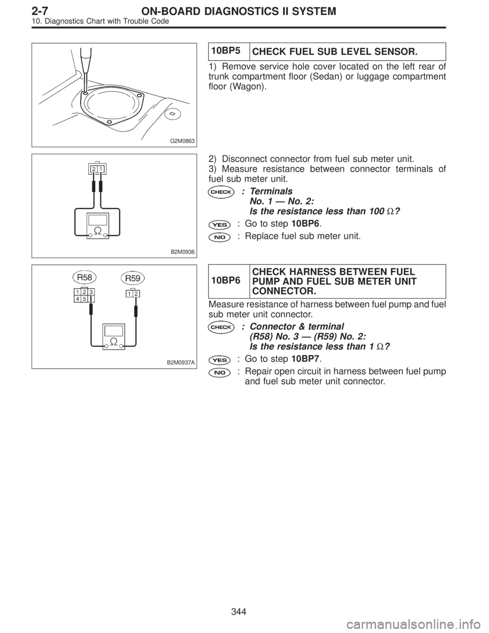 SUBARU LEGACY 1996  Service Repair Manual G2M0863
10BP5
CHECK FUEL SUB LEVEL SENSOR.
1) Remove service hole cover located on the left rear of
trunk compartment floor (Sedan) or luggage compartment
floor (Wagon).
B2M0936
2) Disconnect connecto