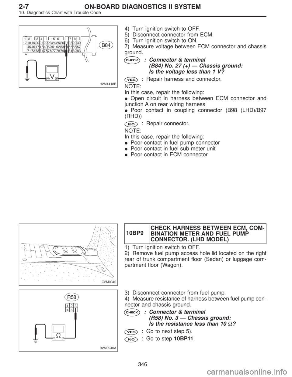 SUBARU LEGACY 1996  Service Repair Manual H2M1418B
4) Turn ignition switch to OFF.
5) Disconnect connector from ECM.
6) Turn ignition switch to ON.
7) Measure voltage between ECM connector and chassis
ground.
: Connector & terminal
(B84) No. 