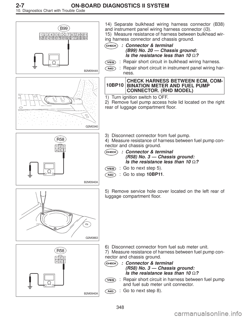 SUBARU LEGACY 1996  Service Repair Manual B2M0944A
14) Separate bulkhead wiring harness connector (B38)
and instrument panel wiring harness connector (i3).
15) Measure resistance of harness between bulkhead wir-
ing harness connector and chas