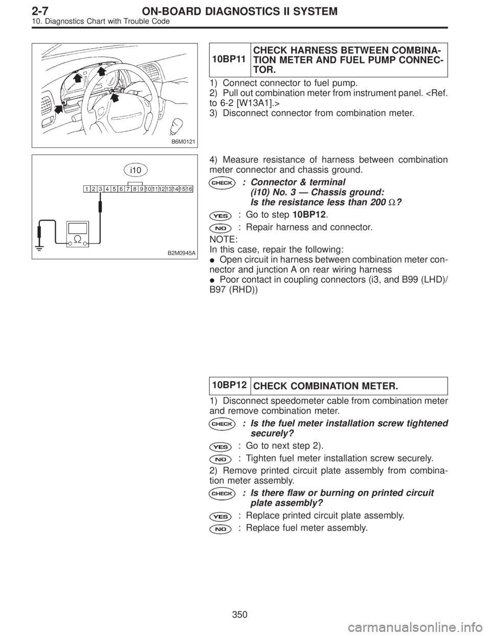 SUBARU LEGACY 1996  Service Repair Manual B6M0121
10BP11CHECK HARNESS BETWEEN COMBINA-
TION METER AND FUEL PUMP CONNEC-
TOR.
1) Connect connector to fuel pump.
2) Pull out combination meter from instrument panel. <Ref.
to 6-2 [W13A1].>
3) Dis