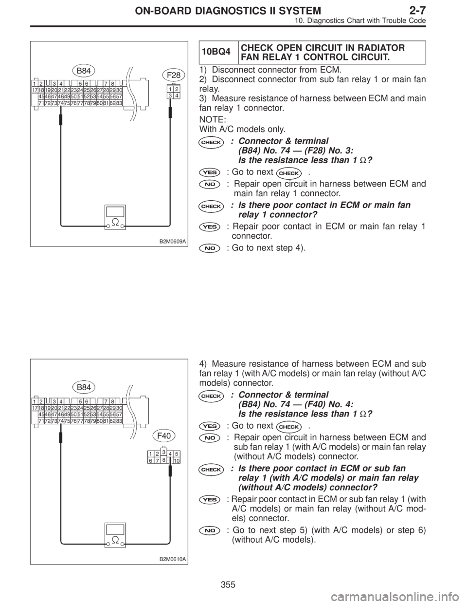 SUBARU LEGACY 1996  Service Repair Manual B2M0609A
10BQ4CHECK OPEN CIRCUIT IN RADIATOR
FAN RELAY 1 CONTROL CIRCUIT.
1) Disconnect connector from ECM.
2) Disconnect connector from sub fan relay 1 or main fan
relay.
3) Measure resistance of har