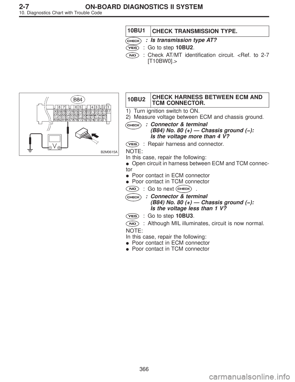SUBARU LEGACY 1996  Service Repair Manual 10BU1
CHECK TRANSMISSION TYPE.
: Is transmission type AT?
: Go to step10BU2.
: Check AT/MT identification circuit. <Ref. to 2-7
[T10BW0].>
B2M0615A
10BU2CHECK HARNESS BETWEEN ECM AND
TCM CONNECTOR.
1)