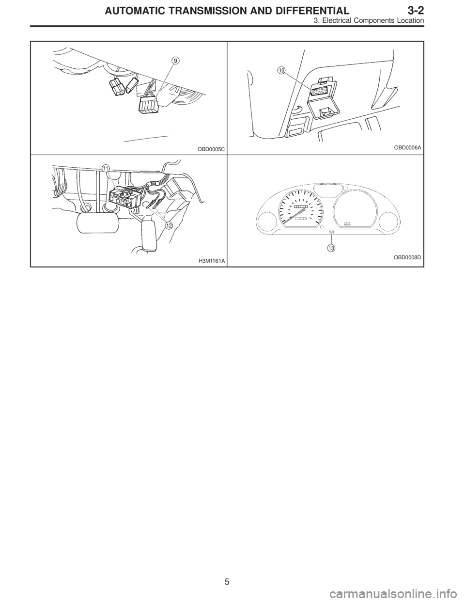 SUBARU LEGACY 1996  Service Repair Manual OBD0005COBD0006A
H3M1161AOBD0008D
5
3-2AUTOMATIC TRANSMISSION AND DIFFERENTIAL
3. Electrical Components Location  