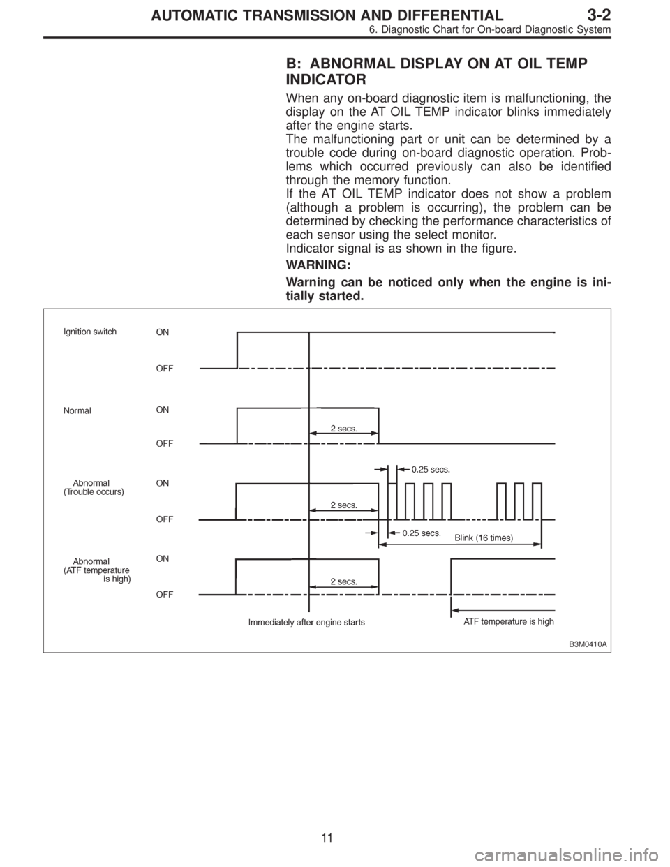 SUBARU LEGACY 1996  Service Repair Manual B: ABNORMAL DISPLAY ON AT OIL TEMP
INDICATOR
When any on-board diagnostic item is malfunctioning, the
display on the AT OIL TEMP indicator blinks immediately
after the engine starts.
The malfunctionin